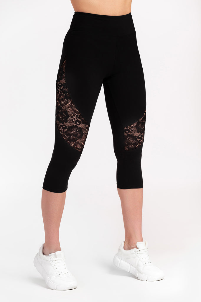 Lace Trim Cropped Jersey Leggings in Black | Klass